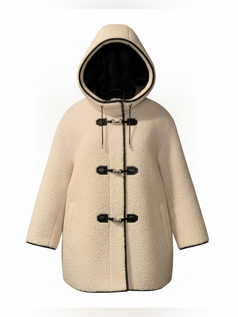 DKNY Cream Teddy Toggle Hooded Coat with Black Trim